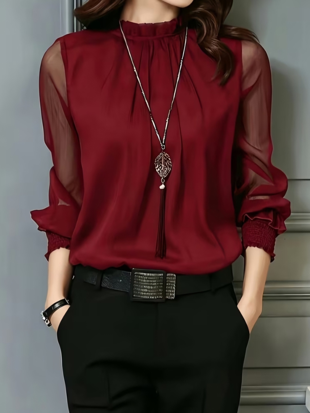 Chic Wine-Red Long-Sleeve Blouse with Sheer Sleeves